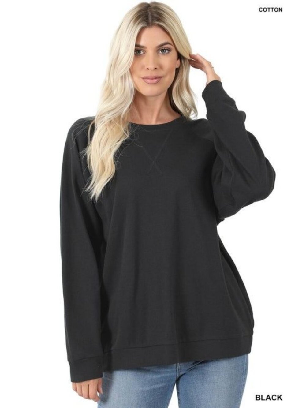Zenana Black Long Sleeve Cotton Pullover Sweatshirt M